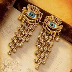 Schiaparelli Inspired Elegant Gold and Blue Eye Dangle Earrings
